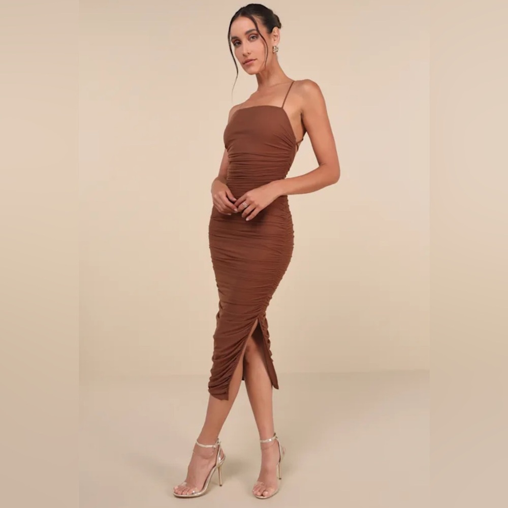 NWT Lulus Flirty Instinct Brown Mesh Ruched Lace-up Bodycon Midi Dress